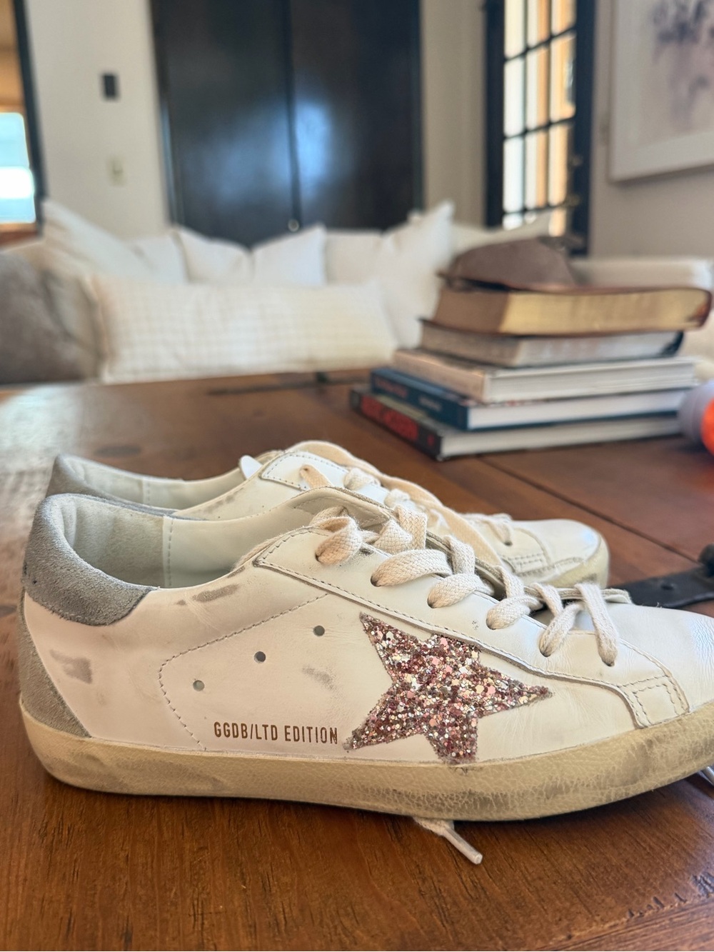 Golden Goose White and Gray Super-Star Sneakers with Pink Glitter